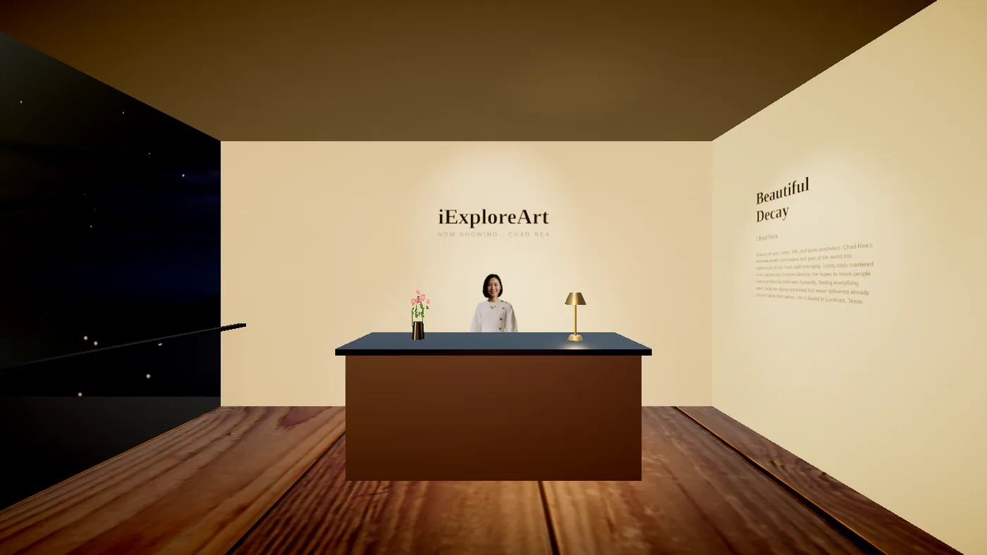 The iExploreArt reception foyer: Mira the curator stands behind a desk beneath the iExploreArt sign, with a lit artist hall to the right and a night sky through the window